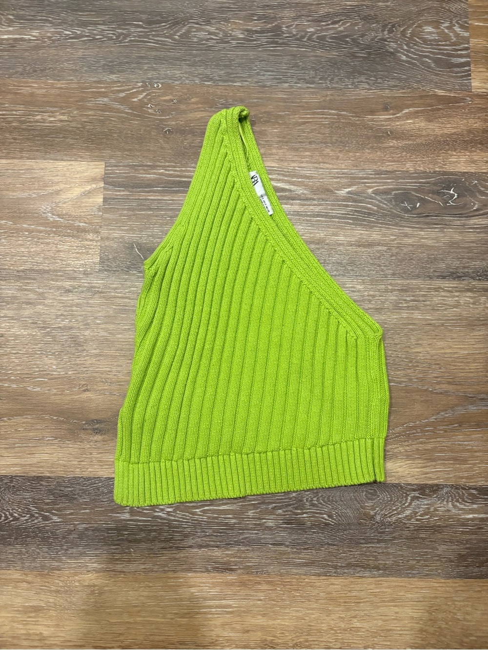 Zara Asymmetric One-Shoulder Ribbed Knit Crop Top - Lime Green